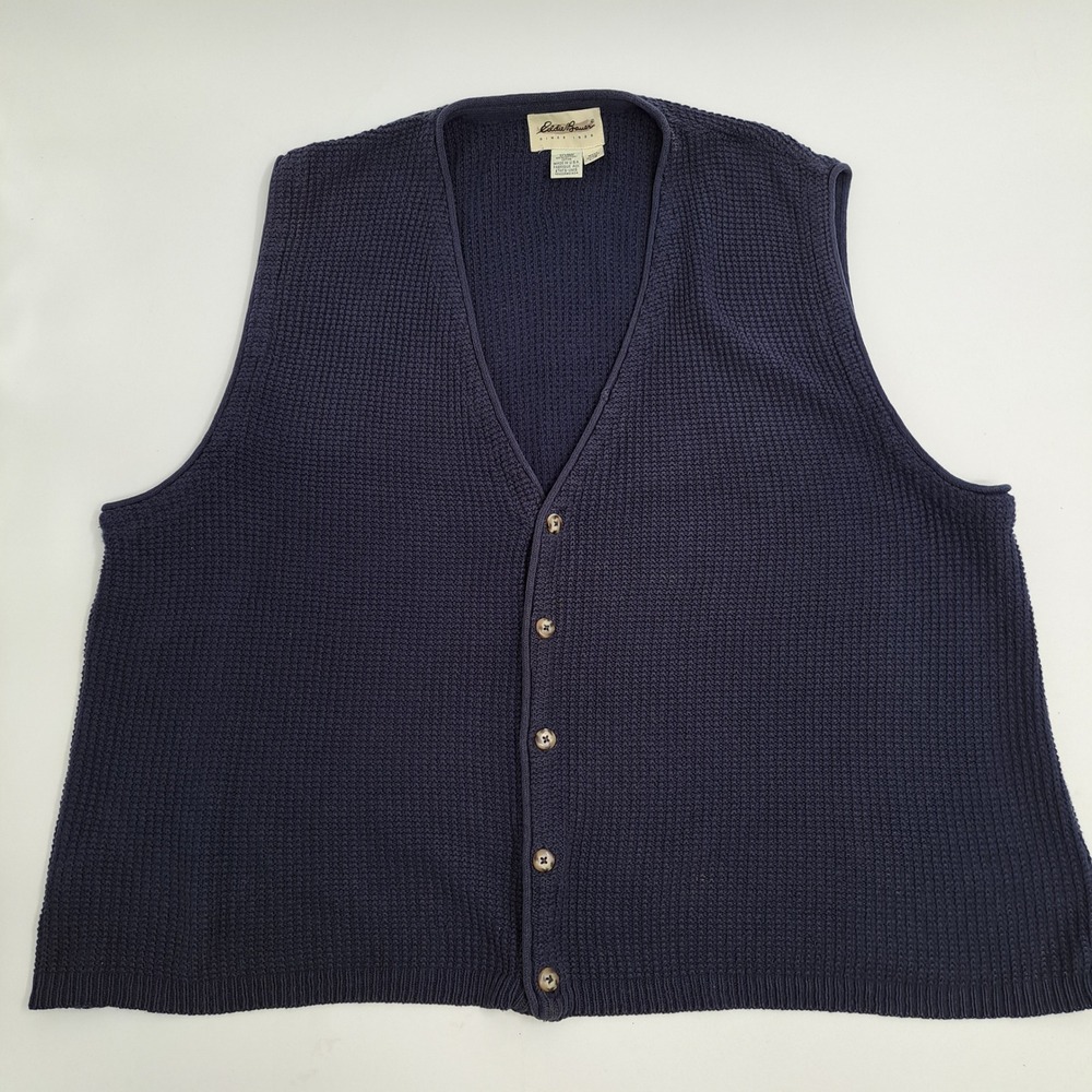 Eddie Bauer Sweater Vest Mens Large Cotton Navy Blue Waffle Knit Button USA